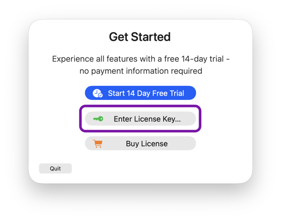 Screenshot of the TG Pro licensing window.