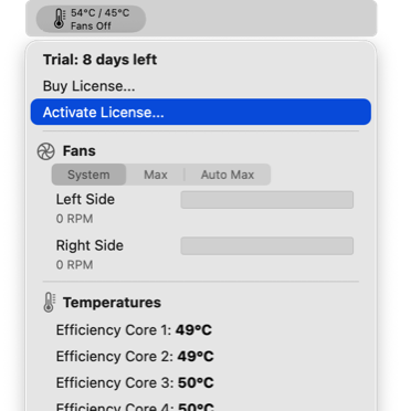Screenshot showing how to activate a license using the drop down menu. 
