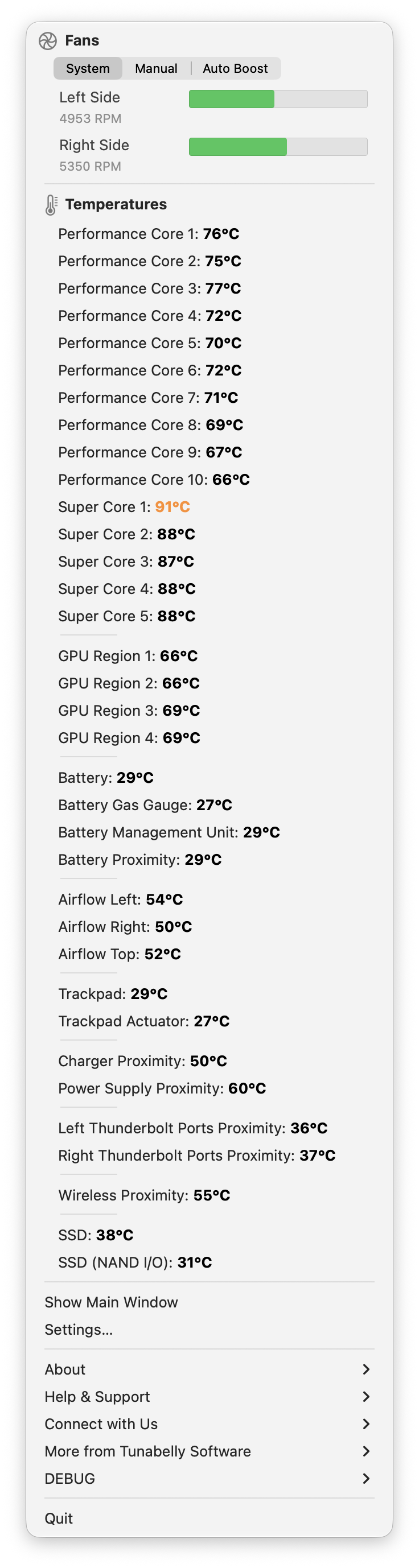 TG Pro menu bar dropdown showing temperatures and fan speeds on a 14-inch MacBook Pro with M5 Pro