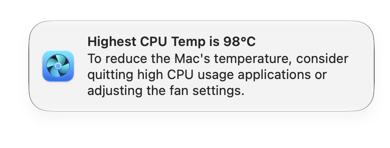 TG Pro notification reporting a CPU temperature of 98°C