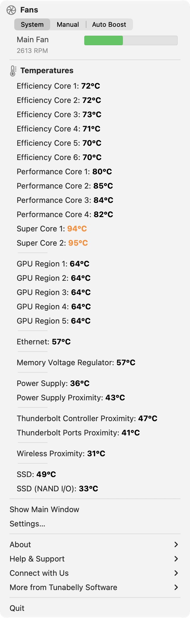 TG Pro menu bar dropdown with fan controls and sensor temperatures on a Mac mini with M6