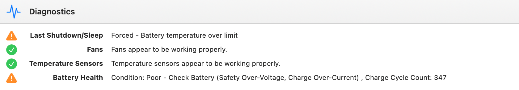 TG Pro diagnostics showing battery health and shutdown warnings