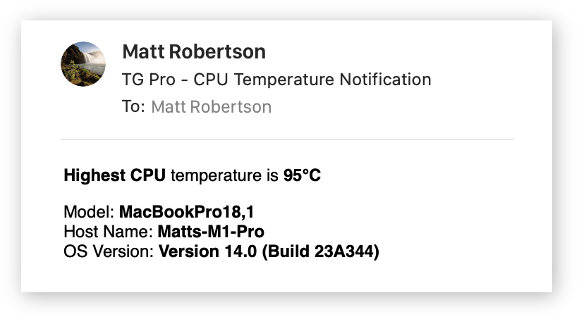 TG Pro email alert reporting a CPU temperature of 95°C on a MacBook Pro